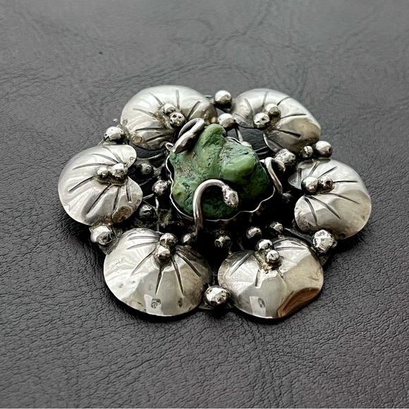 Mary Gage sterling silver green turquoise flower brooch pin - Picture 5 of 11